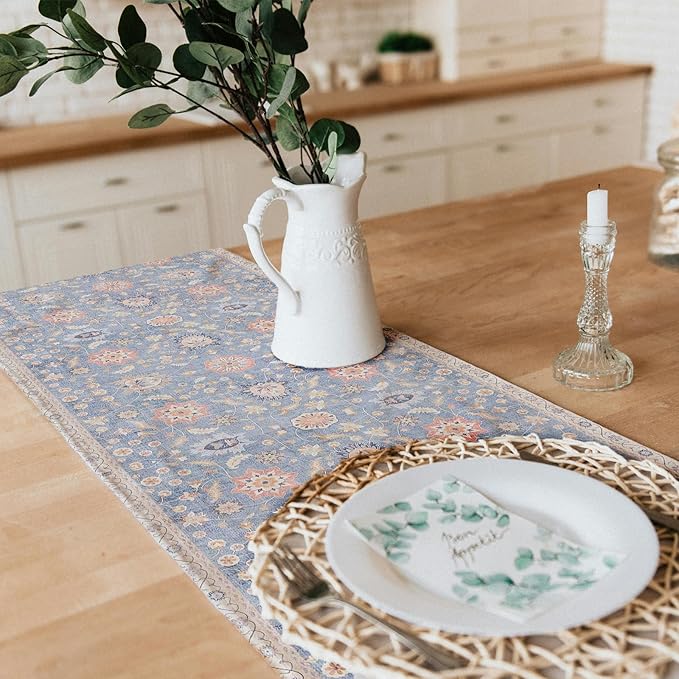 Snycler Table Runner Boho Table Runners Vintage Elegant Farmhouse Table Center Linen Decor for Home Dining Party Entrance (13x48 Inch) Blue