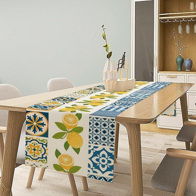 Lemon Table Runner,Watercolor Blue Fruits Green Leaves Print Table Cloth Kitchen Dining Table Home Party Decoration 13x60 Inch