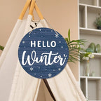 CGBHW Hello Winter Wooden Sign, Navy Blue Holiday Snowflake Hanging Sign Wall Decor for Room Home, Winter Wonderland Snowy Christmas Door Decor 12 x 6 Inch