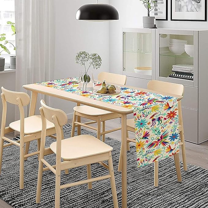 Mexican Table Runner,Boho Colorful Nature Inspired Flowers and Birds Table Cloth Kitchen Dining Table Home Party Decoration 13x60 Inch