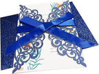 50Pcs Laser Cut Blue Wedding Invitation With Glitter Envelopes And Ribbons Blank Personalized Card Invitaciones Para quinceañera Birthday Baby Shower Christmas Party Bridal Shower