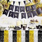 4P Wavy Metallic Tinsel Foil Fringe Table Skirts for Rectangle Tables Backdrop Garland Curtains for Parade Floats Wedding Birthday Parties Decoration Graduation 2025 Christmas (Black Gold Silver)