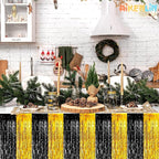 6 Pack 29x108 Inch Black Gold Metallic Foil Fringe Tinsel Table Skirts for Rectangle Tables Streamer Curtains Backdrop for Wedding, Parade Floats, Valentine's Day Birthday Graduation Party Decoration