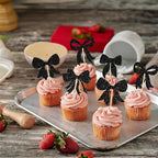 Gyufise 36Pcs Bow Cupcake Toppers Glitter Girls Birthday Decorations Bowknot Cupcake Picks Bow Tie Birthday Decorations Bow Cake Toppers for Bridal Baby Shower Bachelorette Party Supplies Black