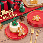 Festiva 200Pcs Red Gold Dessert Plates 6.3" with Plastic Forks 5"-Small Disposable Plates- Dessert/Cake/Appetizer Plastic Plates include 100Plates 100Forks for Christmas Party&New Year