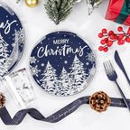 Supernal 150pcs Christmas Dinnerware Set - Blue and White Plates With Trees Design, Blue Silverware, Santa and Moose Silver Cups for New Year
