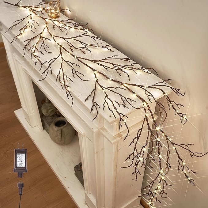 LITBLOOM Brown 6FT 120 LED Fairy Lights Plug in Willow Vine Garland for Indoor Outdoor Home Fireplace Wall Christmas Decoration