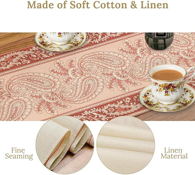 Pink Paisley Table Runner, Abstract Vintage Boho Paisley Flowers Leaves Print Table Runner for Home Kitchen Dining Room Wedding Party Decor, 13x120inch