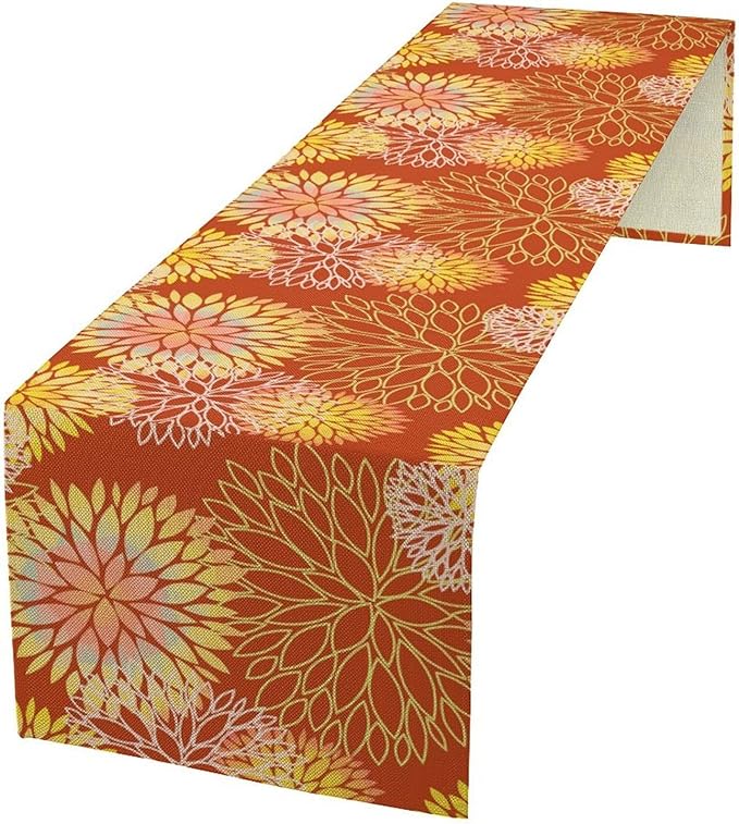 Yellow Floral Table Runner, Chrysanthemum Autumn Spring Summer Vintage Modern Linen Geometric Table Runner for Kitchen Living Room Bedroom Party Holiday, 13x108 Inch