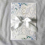 25PCS Pearl White Laser Cut Wedding Invitations Cards with Envelopes,Blank Inner Sheets,Ribbons for Wedding Bridal Shower Quinceañera Engagement Birthday Invites (B001)