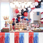 6 Pack 29x108 Inch Red Blue White Metallic Foil Fringe Tinsel Table Skirts for Rectangle Tables Streamer Curtains Backdrop for Wedding, Birthday, Parade Floats, Independence Day Party Decoration