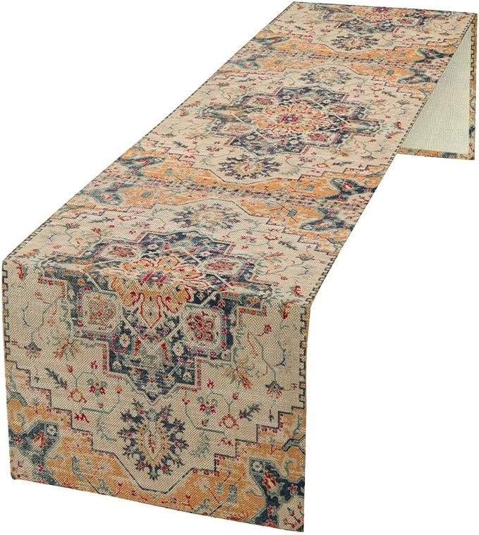 Bohemia Orange Table Runner, Rustic Farmhouse Vintage Geometric Floral Print Table Cover for Home Kitchen Dining Table Party Decor, 13x90inch