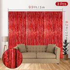 PartyWoo Red Streamers Fringe Curtain Backdrop 3 pcs 8.2 ft Tinsel Foil Backdrop for Baby Shower Graduation Birthday Girls Mothers Day Casino Firefighter Red Carpet Cherry Theme Party Decorations