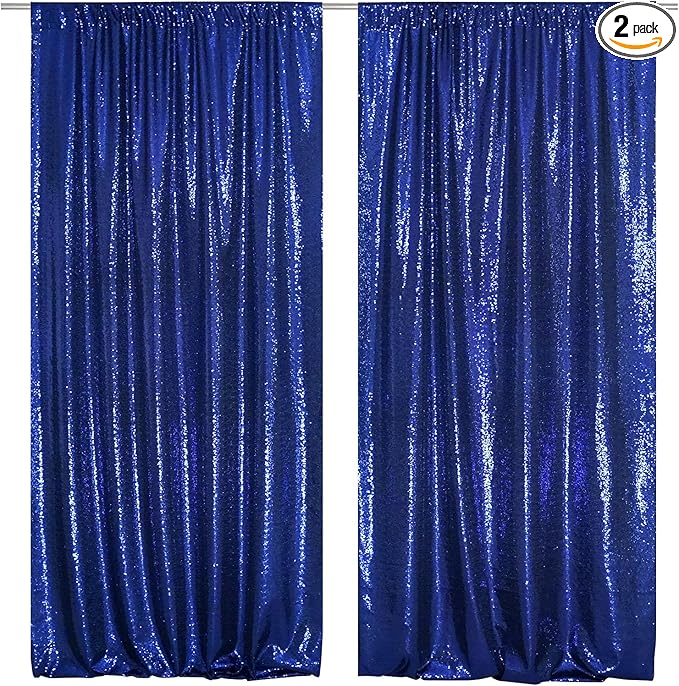 SquarePie Sequin Backdrop Curtain 8FT x 10FT Navy Blue Satin Backing Fabric Photography Background for Wedding Patry 4FT x 10FT 2 Panels