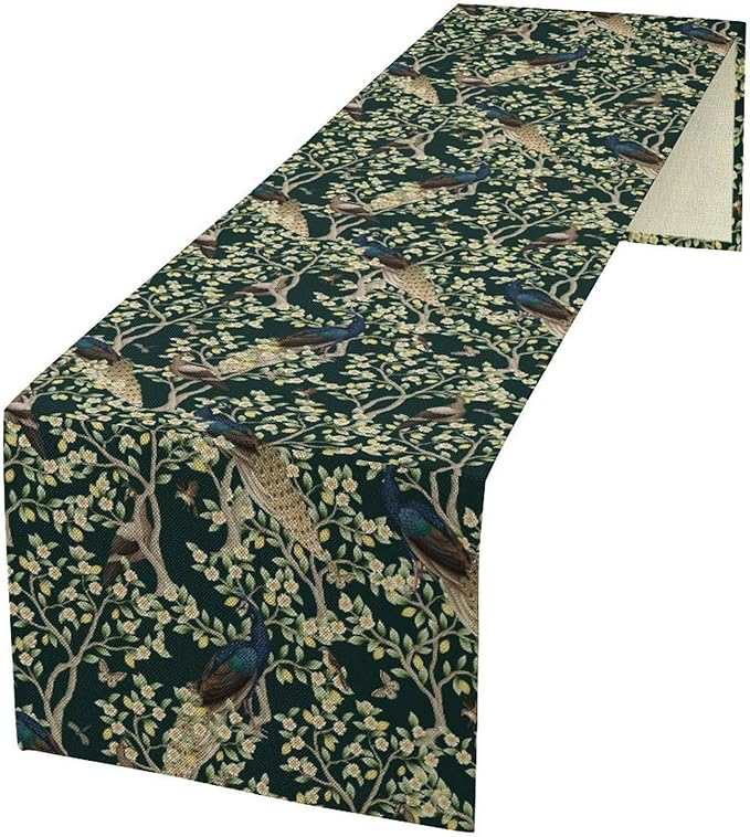 Peacock Table Runner,Retro Floral Plants Peacock Table Runner for Home Kitchen Dining Party Indoor Outdoor Decoration 13x36 Inch