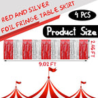 4 Pack 29x108 Inch Metallic Foil Fringe Tinsel Table Skirts for Rectangle Tables Streamer Backdrop for Wedding, Birthday, Parade Floats, Christmas, Halloween Party Decoration(Red Silver)