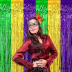 4 Pack 3.2Ft x 6.6Ft Mardi Gras Fringe Curtain Backdrop, Gold Green Purple Metallic Tinsel Foil Fringe Streamers Curtains Background for Photo Booth Birthday Wedding Carnival Party Decorations