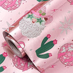 LeZakaa Pink Christmas Wrapping Paper Roll for Girls Women, Santa Disco Ball Cactus Design, Rose Gold Foil Western CowGirls Holiday Gift Wrap, Mini Roll 17 in x 16.4 Ft
