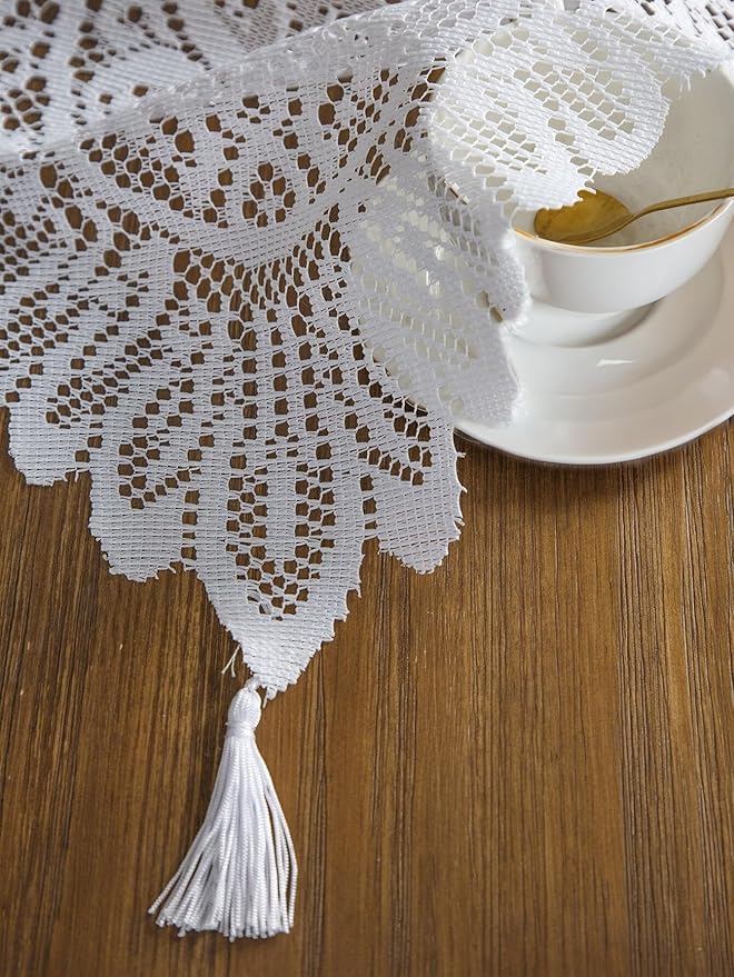 Jayla White Lace Table Runners, Elegant Vintage Lace Table Runner, Wedding Lace Decor with Floral Embroidery,Tea Party Decor, 13x72 Inch