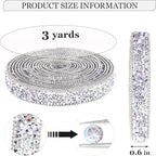 Rhinestone Ribbon 3 Yards Self Adhesive Rhinestone Strips Diamond Ribbon Sticker Crystal Roll Glitter Bling Rhinestones Tape for Crafting DIY Art Decoration (Silver AB,0.6 Inch)