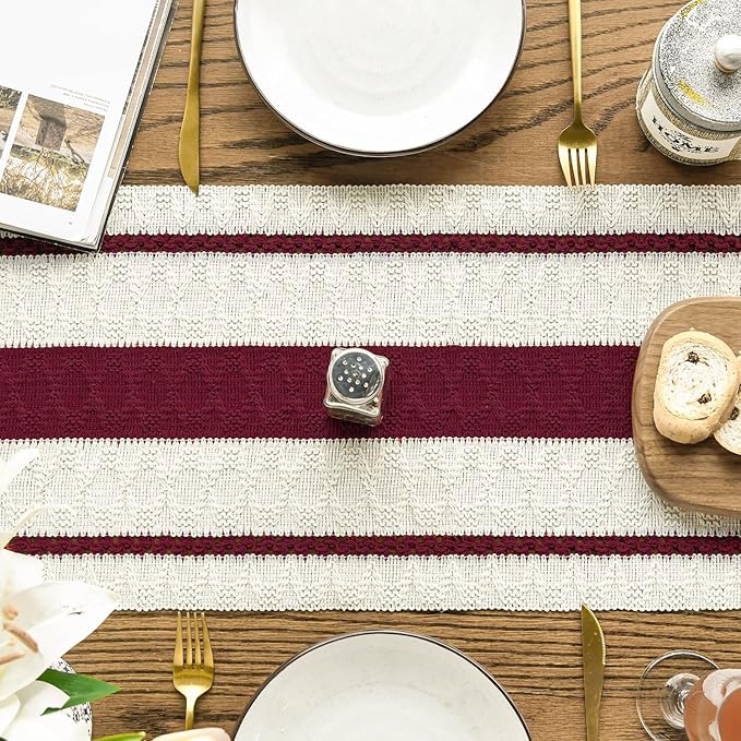 Artoid Mode Red Farmhouse Woven Rustic Table Runner, Seasonal Holiday Hollow Kitchen Dining Table Decoration for Home Party Decor 12x48 Inch