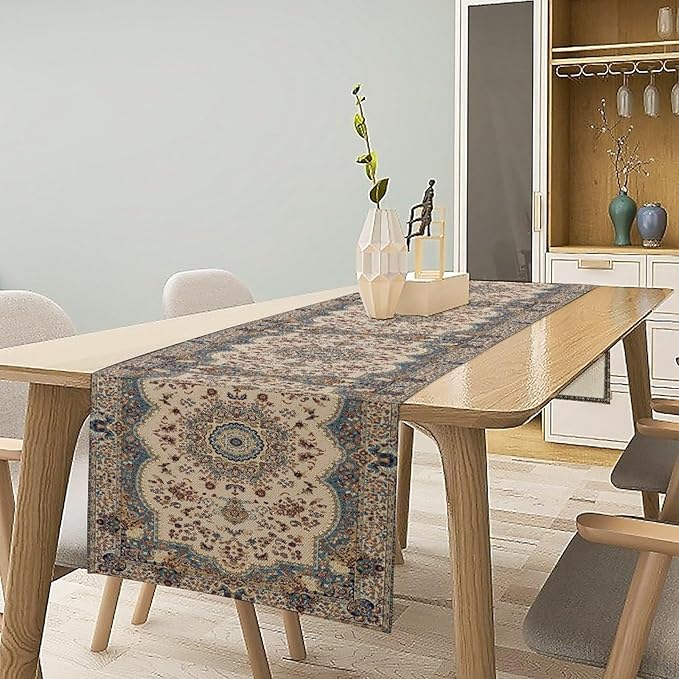 Boho Bohemia Style Table Runner, Vintage Blue Teal Gold Retro Flower Rustic Country Style Floral Print Pattern for Home Kitchen Table Decor Dining Coffee Room Garden Party Decor 13x72in