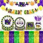 4 Pack 29x108 Inch Mardi Gras Metallic Foil Fringe Tinsel Table Skirts for Rectangle Tables Streamer for Christmas, Birthday, Parade Floats, Halloween Party Supplies(Gold Green Purple)