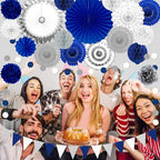 Blue and Sliver Party Decorations, 23Pcs Blue Birthday Decorations with Hanging Paper Fans, Pom Poms Flowers Packs for Graduation Party,Boy Birthday, Baby Shower