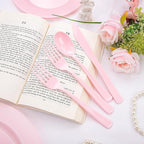 KIRE 150 Pieces Pink Plastic Plates Disposable - Pink Dinnerware Set Include 25 Dinner & 25 Salad Plates 25Forks 25Knives 25Spoons 25 Cups for Baby Shower/Bridal Shower