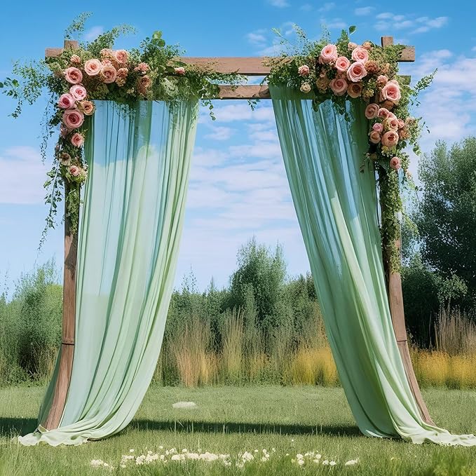 DUOBAO Sage Green Chiffon Backdrop Curtains 96 inches Long 2 Panels Set for Parties Bedroom Living Room, Soft Fabric Drapes Semi Sheer Curtain Dark Green Photo Background