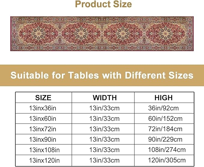 Vintage Boho Floral Table Runner, Rustic Country Farmhouse Red Gold Bohemia Flower Pattern for Home Kitchen Table Decor Dining Coffee Room Party Decor 13x90in