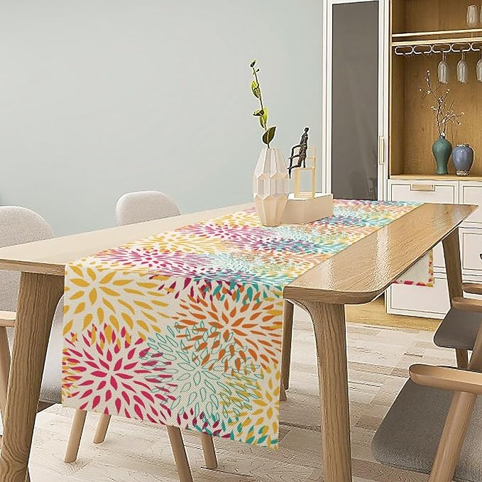 Abstract Flowers Table Runner, Chrysanthemum Dahlia Vintage Modern Colorful Spring Summer Elegant Table Runner for Party Kitchen Dining Living Room Laundry Room Decor, 13x90 Inch