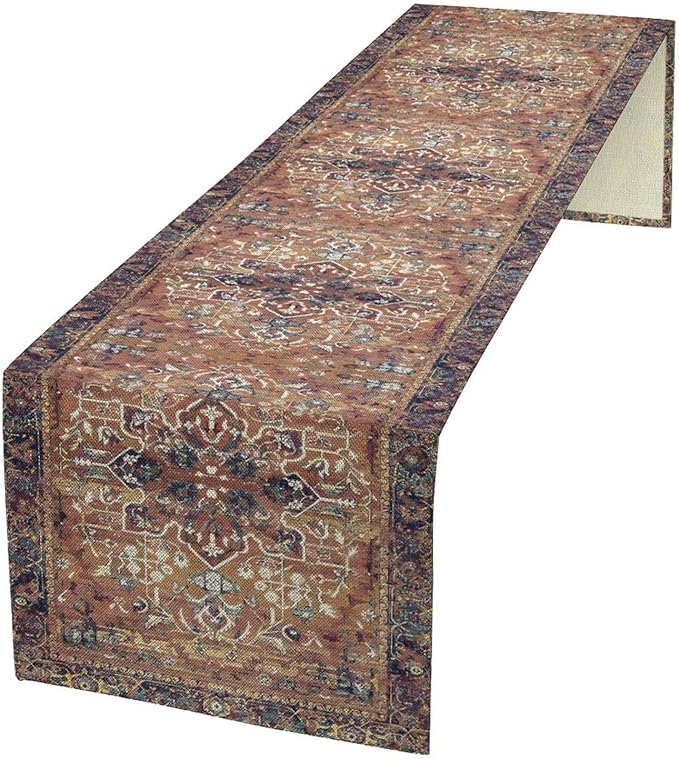 Boho Floral Vintage Table Runner, Purple Brown Retro Flower Rustic Country Farmhouse Abstract Pattern for Home Kitchen Table Decor Dining Coffee Room Party Decor 13x120in