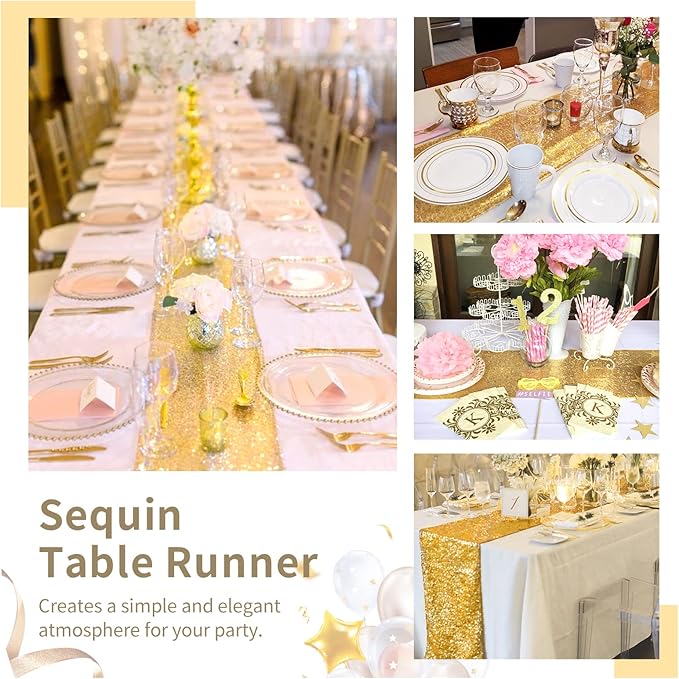 Gold Table Runners 10 Pieces 12x72 Inch Glitter Dining Table Runner Sequin Table Cover Runners for Party Wedding Birthday Bridal Shower Decorations