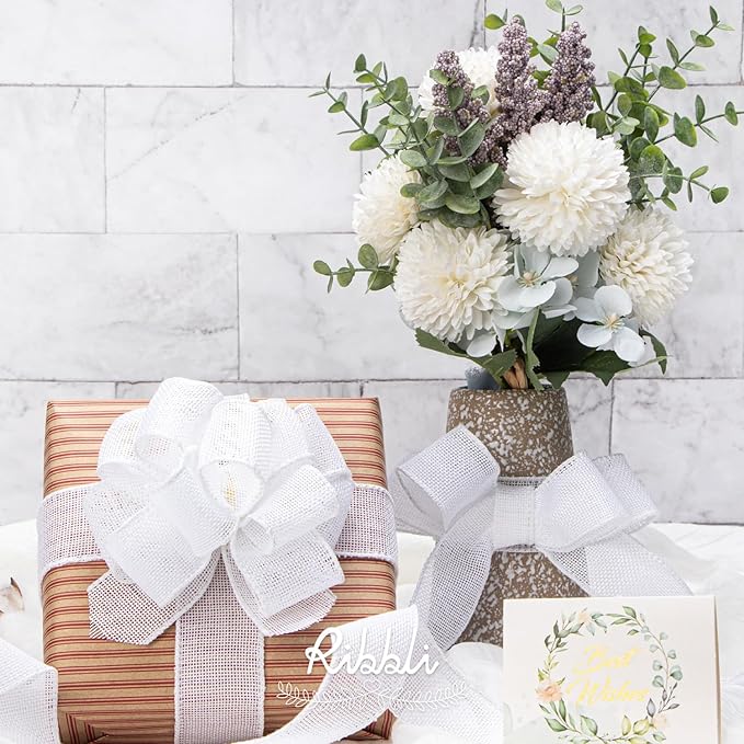Ribbli White Burlap Wired Ribbon,1-1/2 Inch x 10 Yard,Cross Royal Burlap Wired Edge Ribbon for Big Bow,Wreath,Tree Decoration,Outdoor Decoration