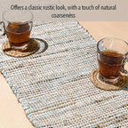 Chardin home Natural Jute Table Runner 13x48 Inch – Vintage Boho Rustic Table Decor – Handwoven Table Runner in Natural Jute and Sky Blue-White – Farmhouse Dining or Console Table Accent