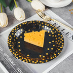 Lullaby 200PCS Black Paper Plates, Black and Gold Paper Plate, 100pcs Dinner Plates 9"，100pcs Dessert Plates 7", Disposable Graduation Plates with Golden Dot for Birthday party, Halloween