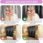 Crosize 8 Pack 3.3 x 9.9 ft Black Foil Fringe Curtains Party Decorations, Black Tinsel Curtain Backdrop for Parties, Door Streamers, Glitter Streamer Backdrop for Birthday Decoration