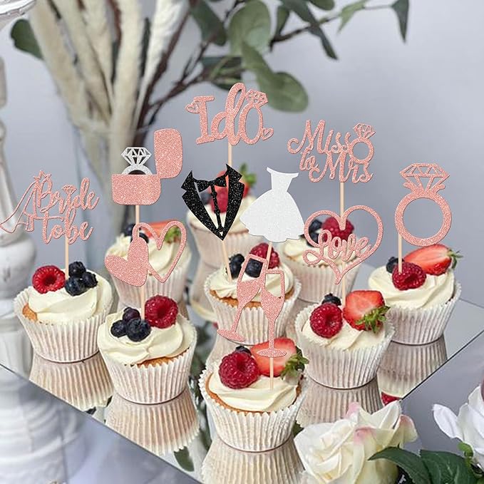 30 PCS Bride to Be Cupcake Toppers Glitter Miss to Mrs I Do Love Heart Ring Cupcake Picks Wedding Bridal Shower Cake Decorations for Wedding Engagement Bachelorette Party Supplies Rose Gold