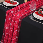 Snowkingdom Red Christmas Table Runner, Red and White Snowflakes Cheesecloth Table Runner, Chiffon Gauze Seasonal Winter Kitchen Dining Decorations for New Year Home Party Decor 120 Inch