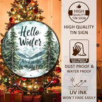 Round Christmas Metal Tin Sign Hello Winter Sign Christmas Pine Trees Welcome Door Sign Xmas Winter Holiday Farmhouse Rustic Wreath Sign for Indoor Outdoor Home Wall Window Decor 8 * 8 in