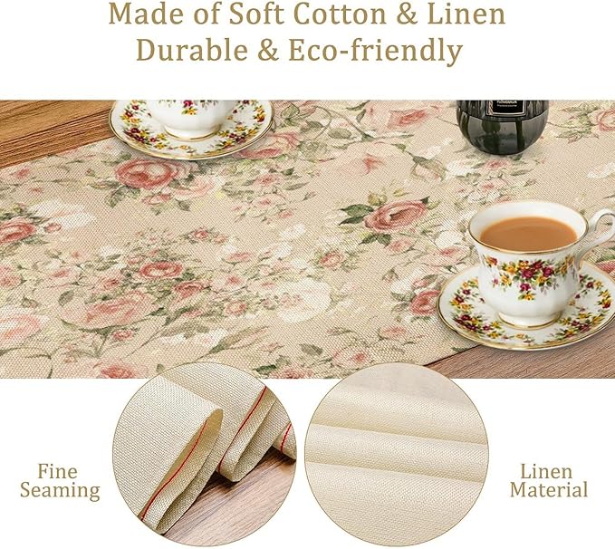 Lovely Rose Table Runner, Red and White Vintage Rose Delicate Floral Natural Pattern Long Table Restaurant Kitchen Holiday Party Decoration,13in（33cm） W * 90in（229cm） L
