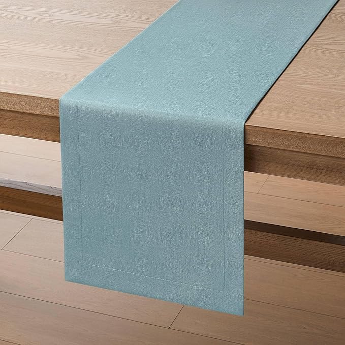 ZeeMart Linen Textured Border Table Runner, 14 x 36 Inch Blue, Farmhouse Style Dusty Blue Table Runners 36 Inches Long, Easy Care Everyday Polyester Table Runner