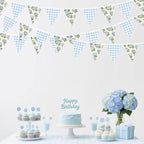 32Ft Blue Flora Party Decorations Blue Gingham HydrangeaTriangle Flag Fabric Banner Pennant Garland Streamer for Flora Birthday Vintage Flower Baby Shower Wedding Tea Party Garden Decor Supplies