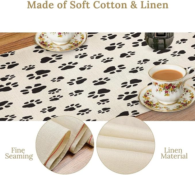 Dog Paws Table Runner,Cartoon Cute Black White Animal Footprints Abstract Tablecloth Burlap for Hotel Indoors Outdoor Dining Room Kitchen Home Decor,W13X L80 in