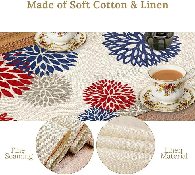 4th of July Table Runner, Blue Red Dahlia Flower American Patriotic Memorial Day Table Runner for Farmhouse Kitchen Dining Table Party Decor, 13x70inch