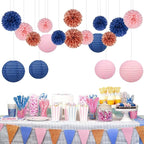 Rose-Gold Navy-Blue Pink Party Decorations - 18pcs Gender Reveal Decor,Tissue Pom Poms Event Supplies,Paper Flowers,Paper Lanterns,Baby Shower decoration,Birthday,Engagement,Bachelorette,Wedding