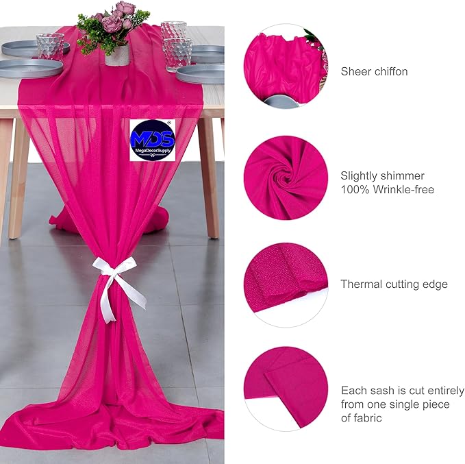 MDS 2 Pack 14ft Chiffon Table Runner 29 x 170 Inches Sheer Wedding Runner Romantic Rustic Table Runner for Wedding Decorations, Birthday Parties, Bridal Shower Party Arch Decor - Hot Pink