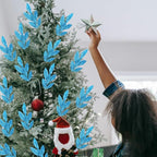 GREENTIME 12 Pack Artificial Blue Glitter Leaves 13" Fake Christmas Picks Decorative Glitter Sticks for Vase Christmas Tree DIY Wreath Crafts Fireplace Decor