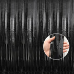 Crosize 4 Pack 3.3 x 9.9 ft Black Foil Fringe Backdrop Curtain, Streamer Backdrop Curtains, Streamers Birthday Party Decorations, Tinsel Curtain for Parties, Photo Booth Backdrops, Party Décor